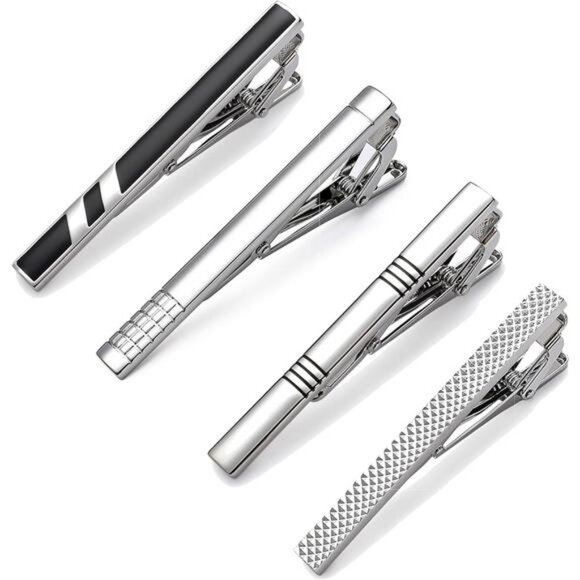 Silver Tie Clips for Men Classic Tie Bars Formal Wedding Business Gift Set - Picture 1 of 7